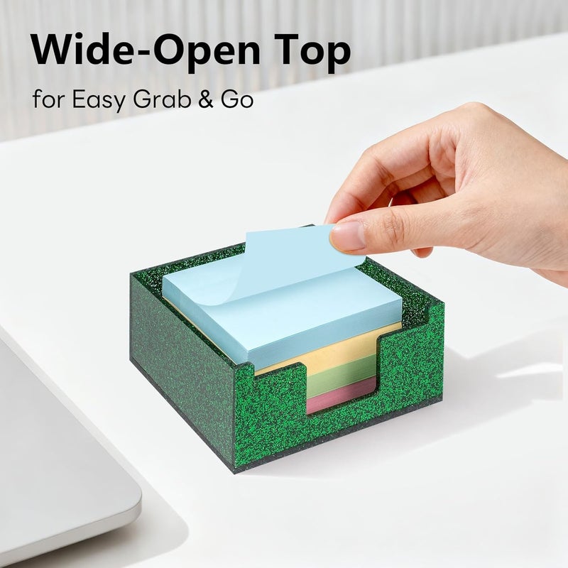 Luminzo Green Sparkling Sticky Note Holder, Glitter Acrylic Organizer, 3.94 x 3.94 in Multi-Use Tray for Office, School & Home Desk - Image 5